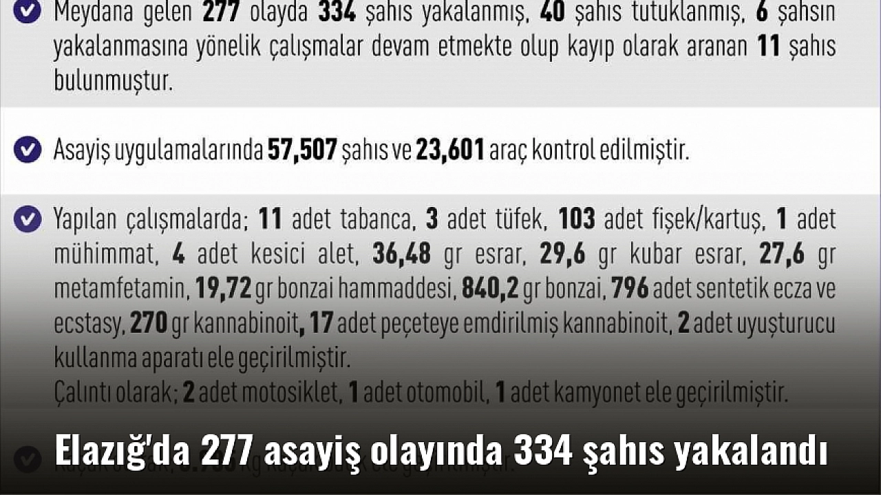 Elazığ'da 277 asayiş olayında 334 şahıs yakalandı