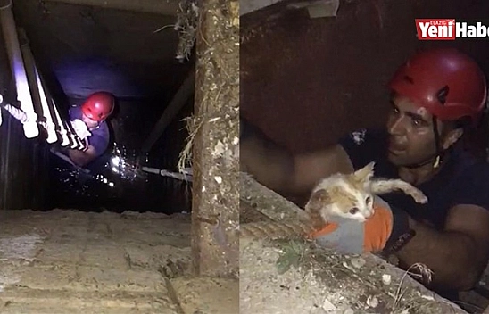 Elazığ'da Kuyuya Düşen Kediyi İtfaiye Ekipleri Kurtardı