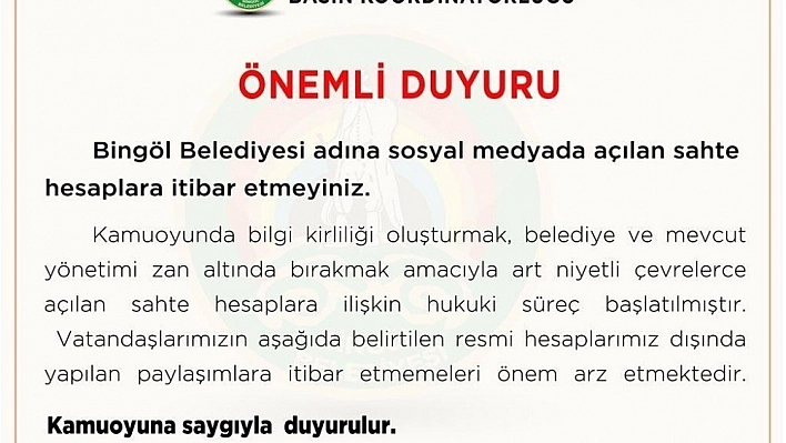 Belediye sahte hesaplara karşı uyardı 