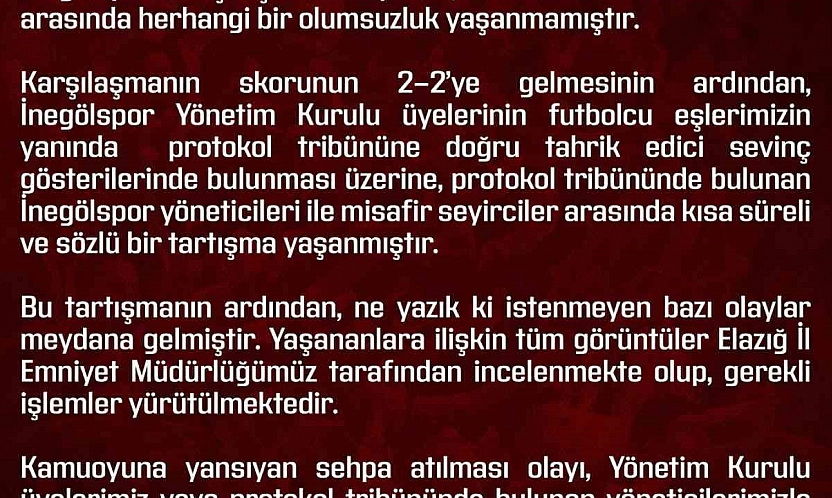 Elazığspor'dan olaylara ilişkin açıklama