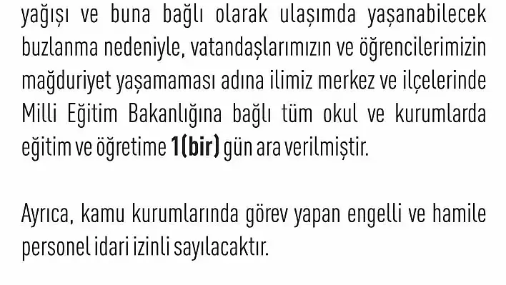 Elazığ'ın ilçelerinde de eğitime bir gün ara verildi