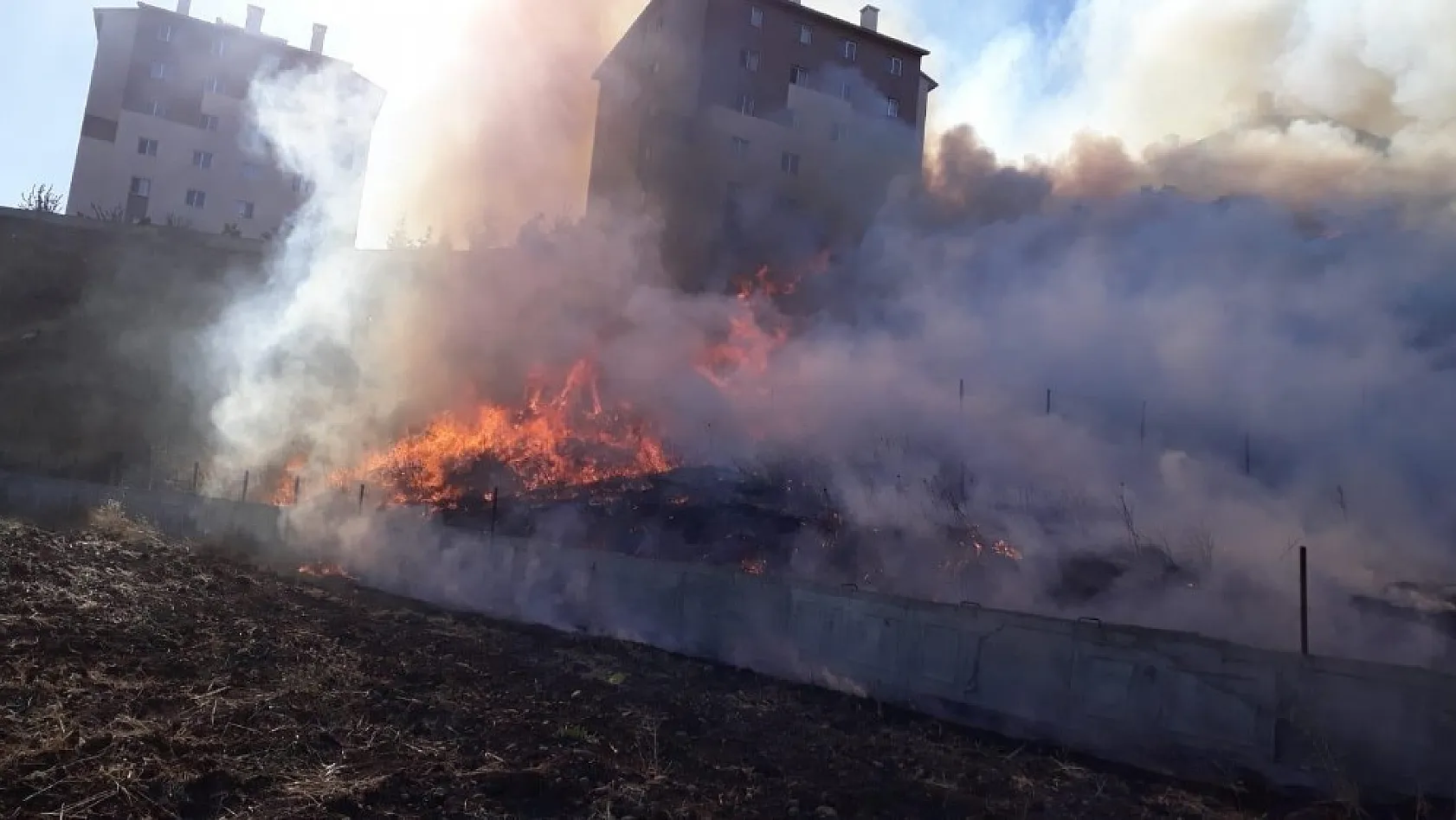 Kuru otlar yandı, ekipler alevler evlere ulaşmadan söndürdü 