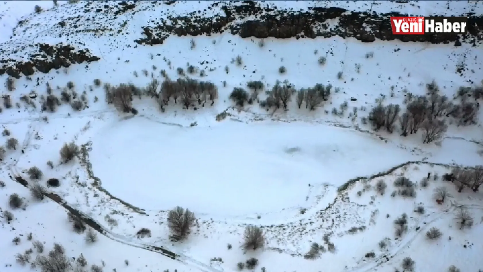Ağın'da buz tutan tektonik Sülüklü göl, dron ile görüntülendi