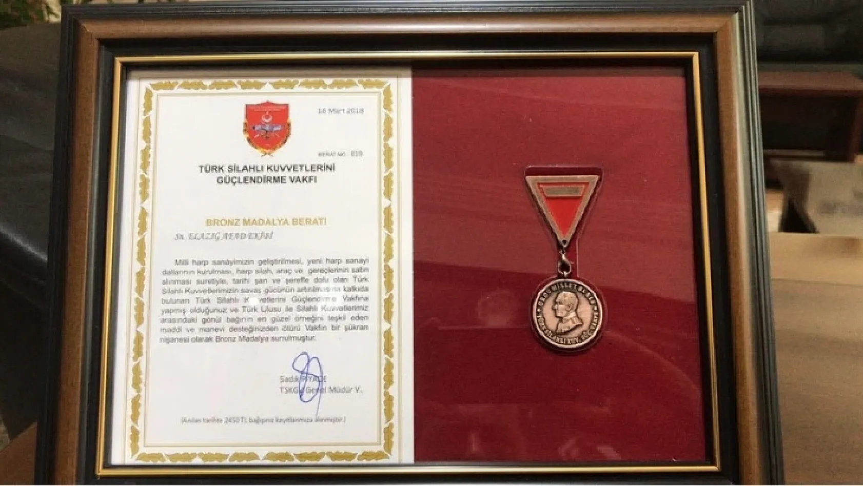 TSK'dan Elazığ Afad'a Bronz Madalya Beratı