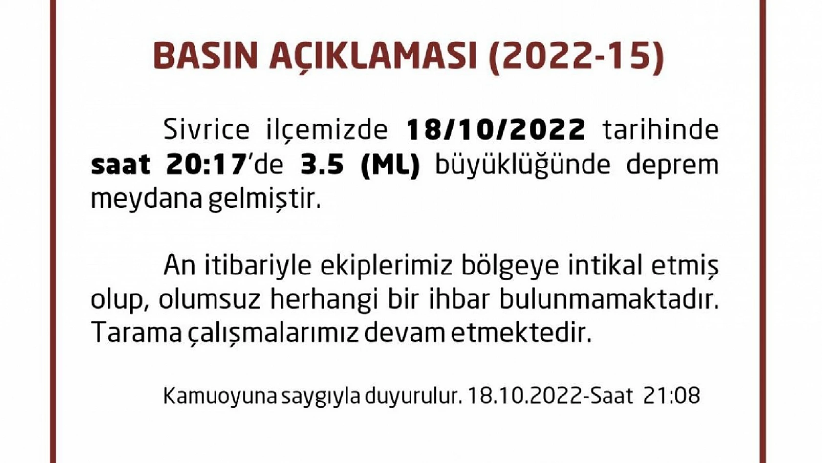 Elazığ'da 3.5 büyüklüğünde deprem